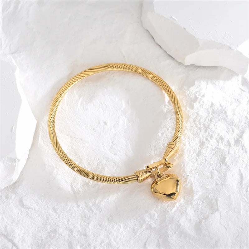 Unisex 18K Gold Stainless Steel Heart Bangle Bracelet