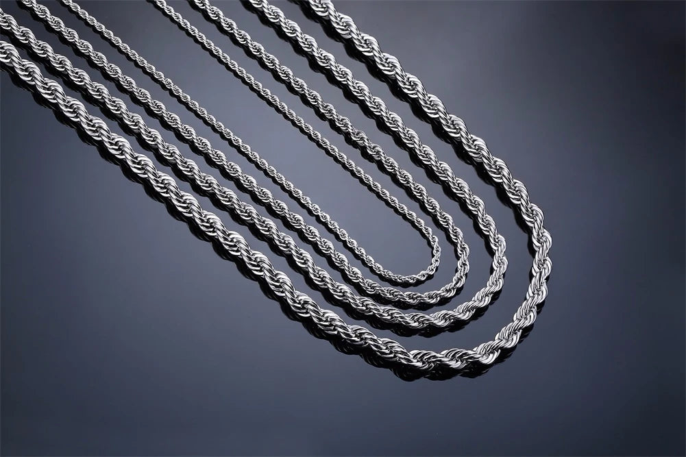 Rope Chain Necklace, Stainless Steel Twisted Rope Link Chain, Long Necklaces 16 To 36 inch