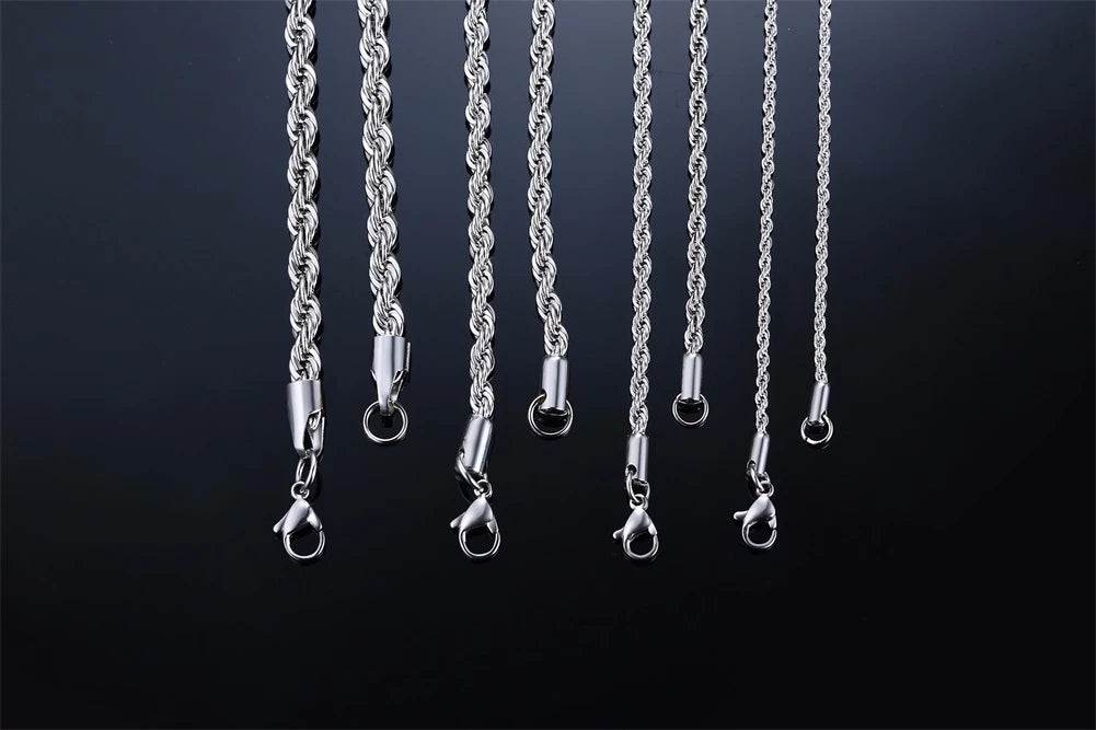 Rope Chain Necklace, Stainless Steel Twisted Rope Link Chain, Long Necklaces 16 To 36 inch