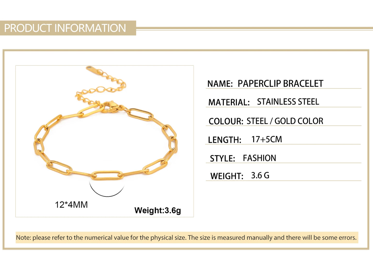 Skyrim Paperclip Link Chain Bracelet – Gold-Colored Stainless Steel, Unisex Minimalist Friendship Jewelry