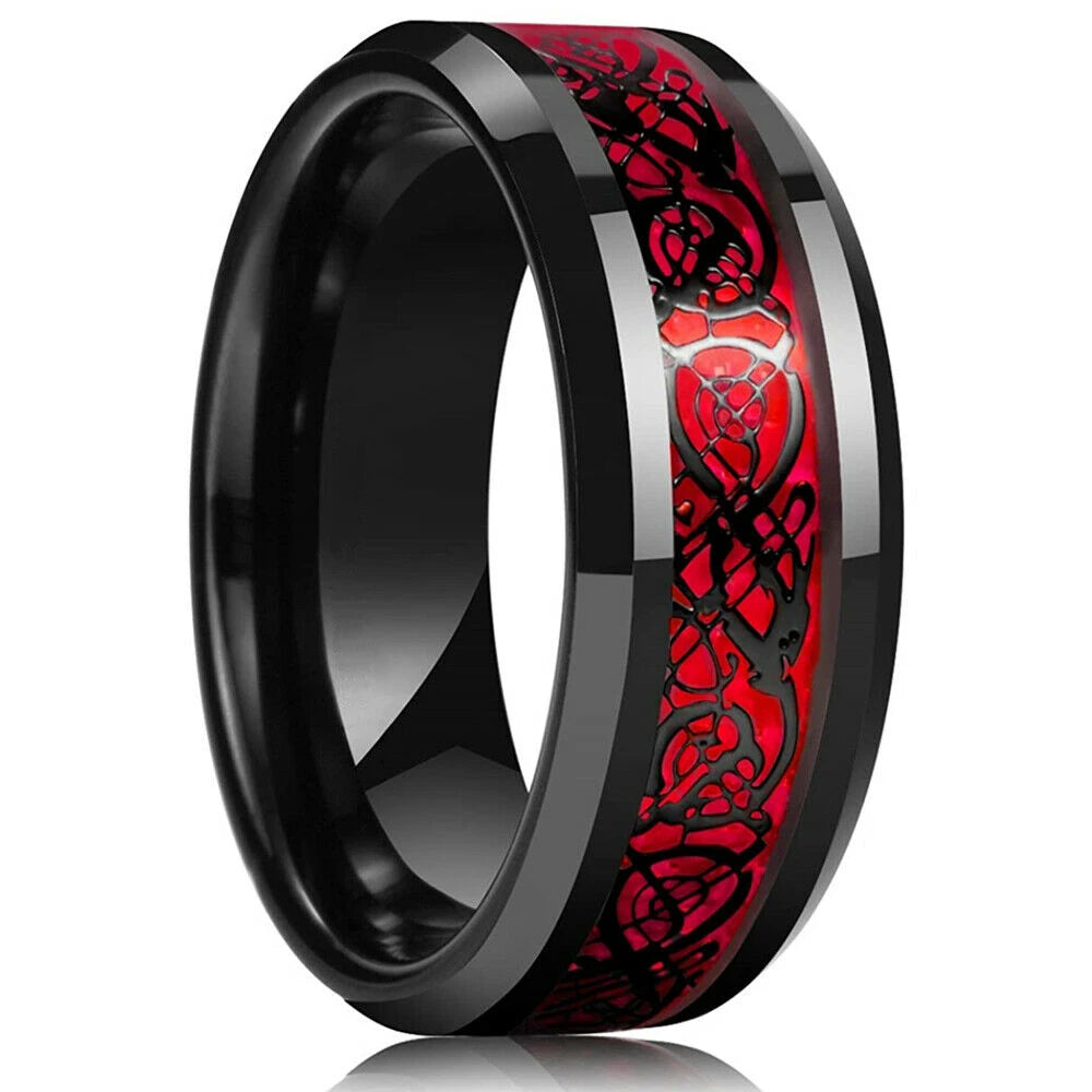8mm Red Groove Beveled Edge Black Stainless Steel Ring For Men Black Brushed Steel Engagement