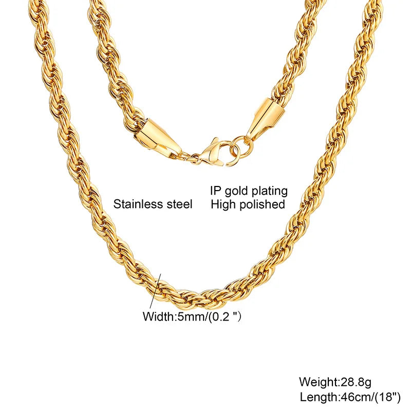 Rope Chain Necklace, Stainless Steel Twisted Rope Link Chain, Long Necklaces 16 To 36 inch