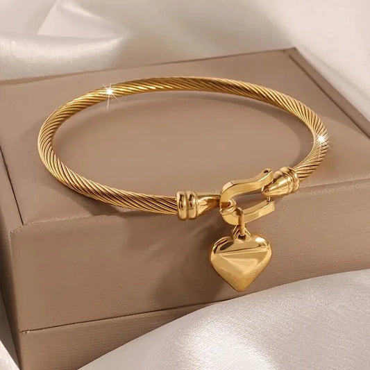 Unisex 18K Gold Stainless Steel Heart Bangle Bracelet