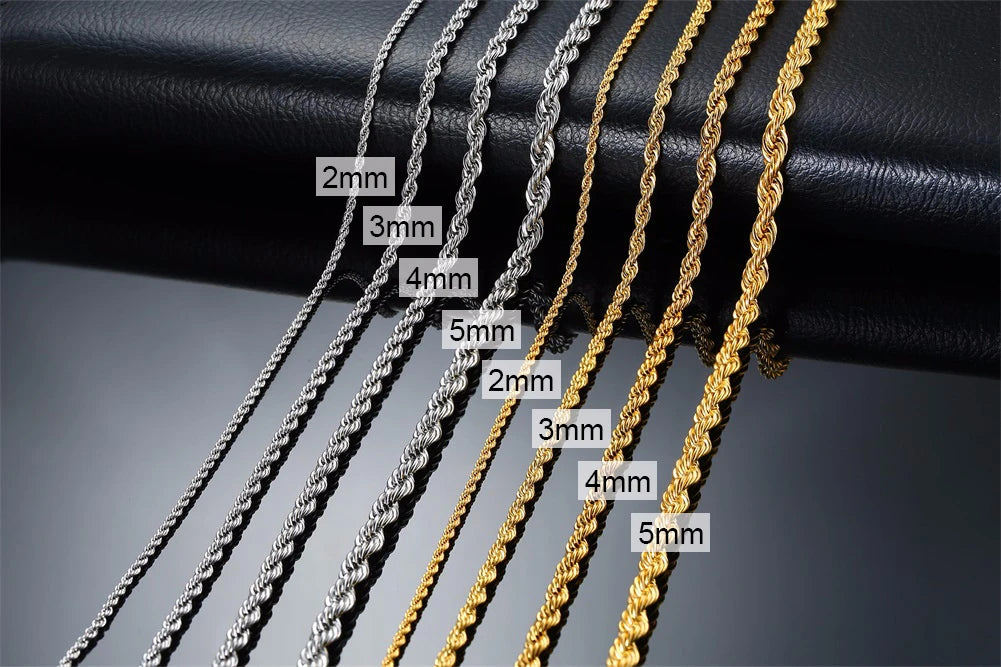 Rope Chain Necklace, Stainless Steel Twisted Rope Link Chain, Long Necklaces 16 To 36 inch
