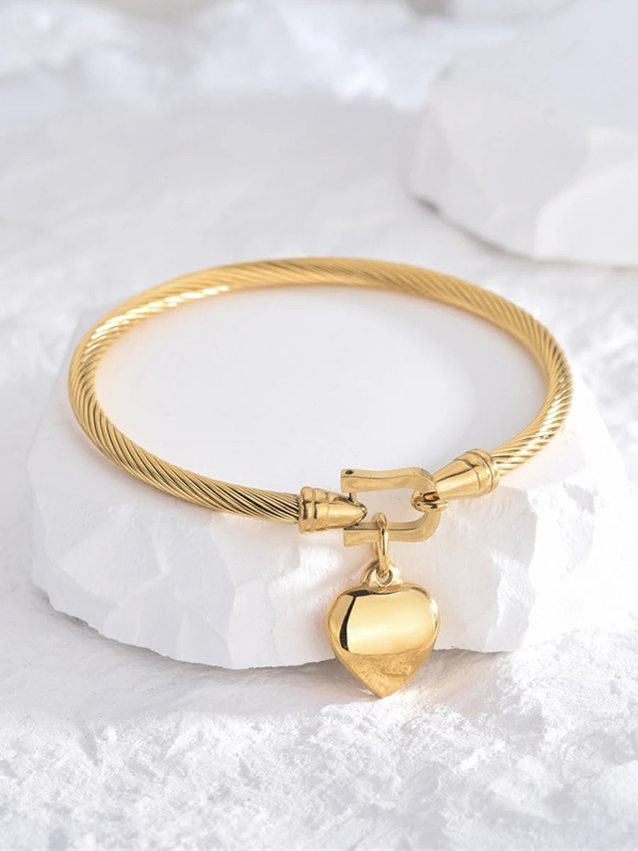 Unisex 18K Gold Stainless Steel Heart Bangle Bracelet
