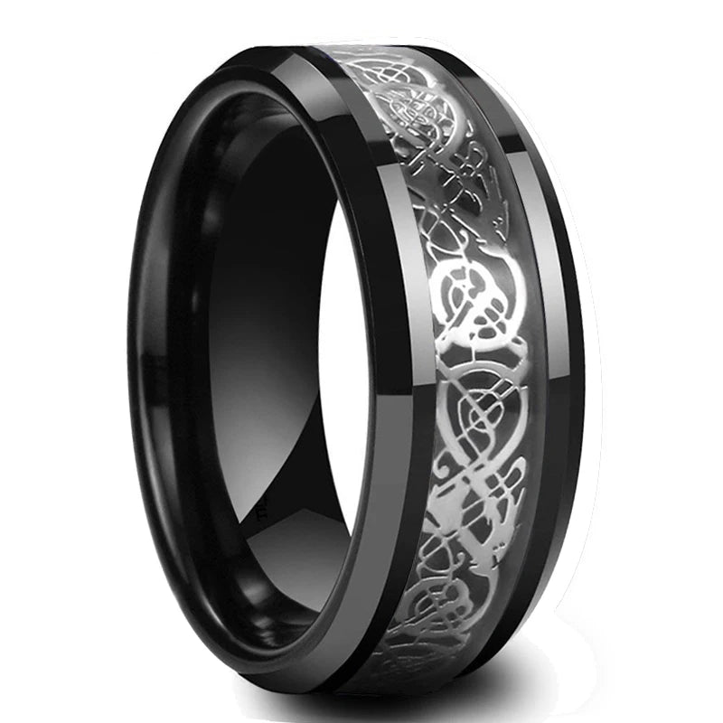 8mm Red Groove Beveled Edge Black Stainless Steel Ring For Men Black Brushed Steel Engagement